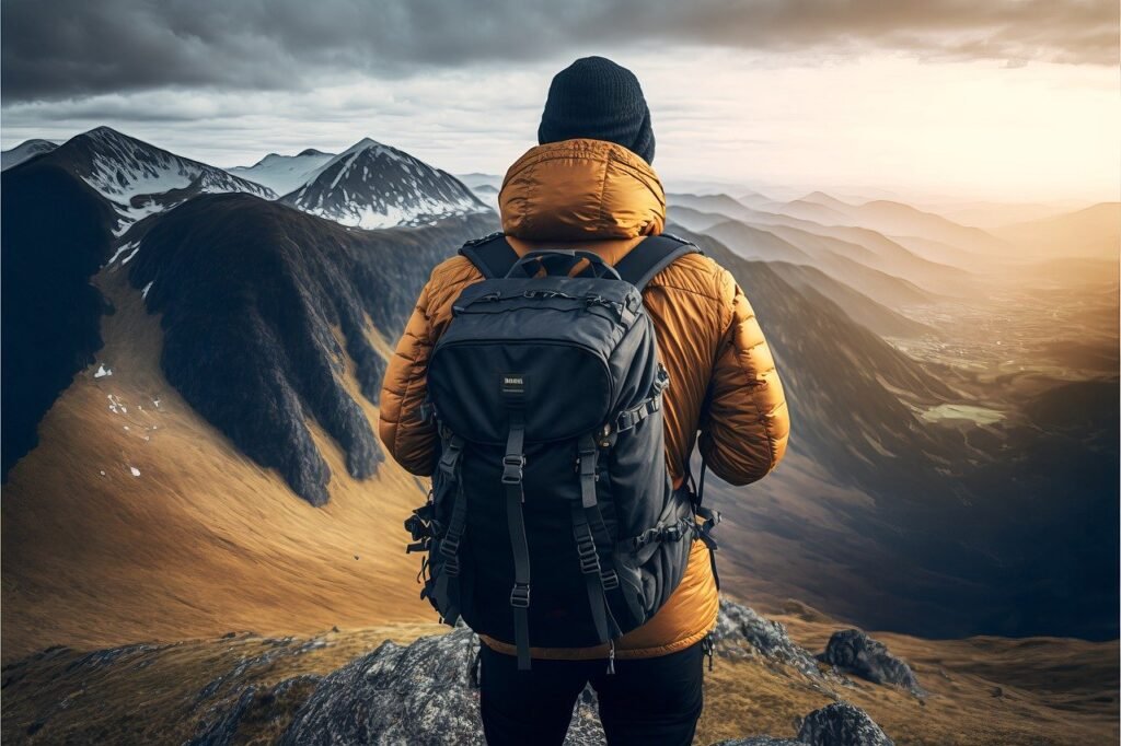 mountains, man, sunlight