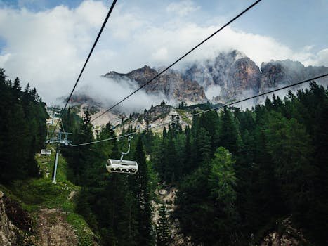 A scenic summer view of cable cars amidst the lush forests and rugged peaks of the Dolomites.