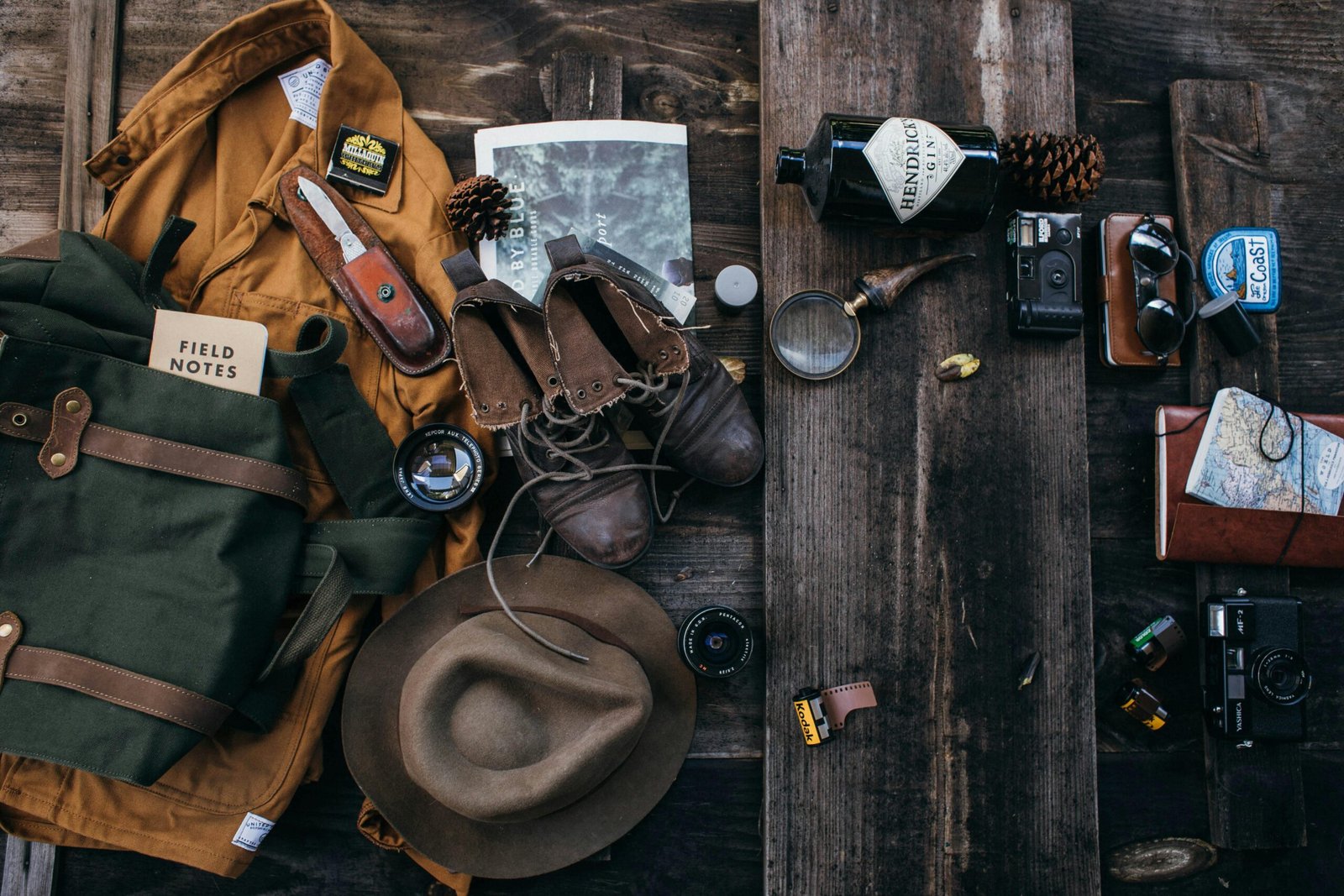 A nostalgic flat lay of vintage travel gear perfect for adventure seekers.