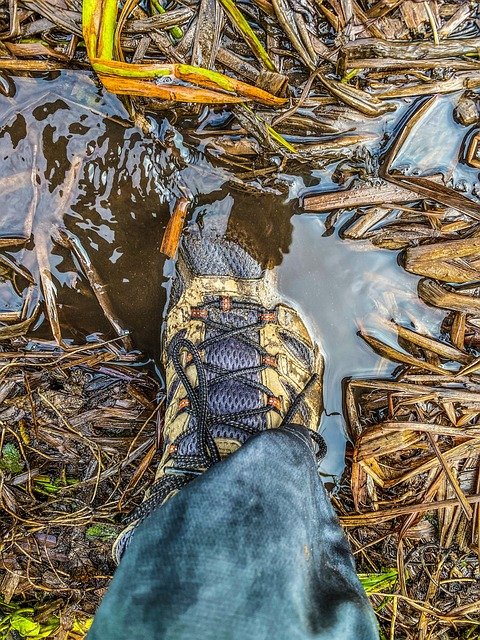 boot, shoe, foot, puddle, water, mud, nature, hiking