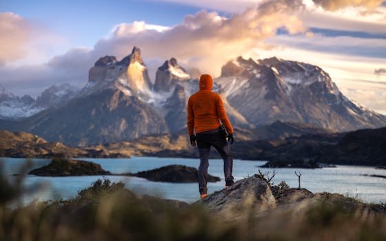 A hiker stands at sunrise in Torres del Paine, Chile, overlooking majestic mountains and a tranquil lake.