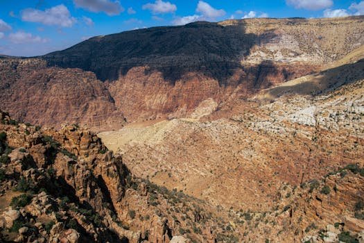 A breathtaking view of the rugged terrain and deep valleys in Dana Biosphere Reserve, Jordan.