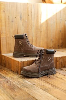 A pair of brown leather boots with stylish stitching on a rustic wooden floor.