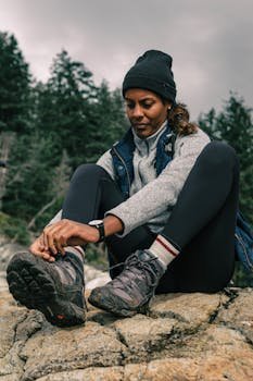 A woman sits on a rock tying her hiking boots in a forested area, preparing for a trek.