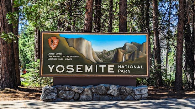 Yosemite National Park entrance sign set against a backdrop of towering trees.