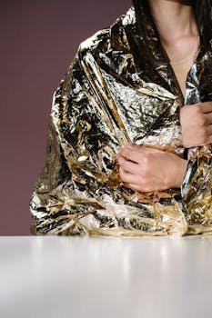 Close-up of a person wrapped in a reflective emergency blanket for warmth and protection.